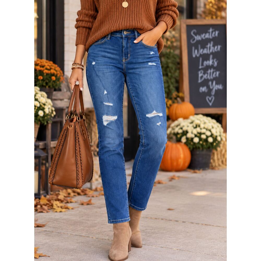 Old Navy Power Slim Straight Jeans Women’s 6 Tall Mid Rise Distressed Denim